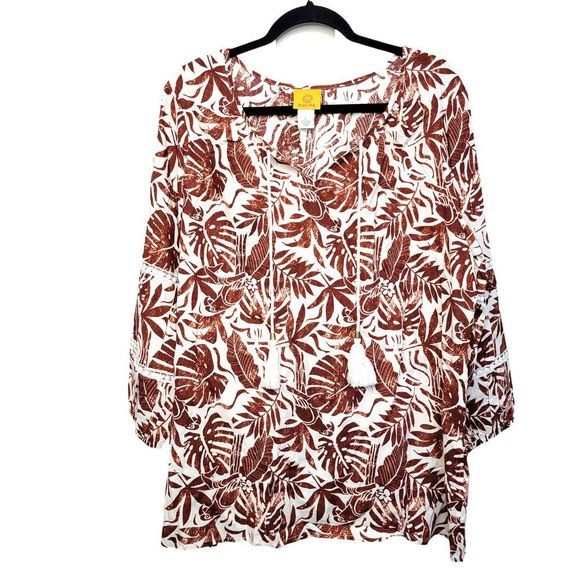 Ruby Rd Meet Me in Tahiti Linen Blend Printed Rust Tassel Blouse L - Picture 2 of 7